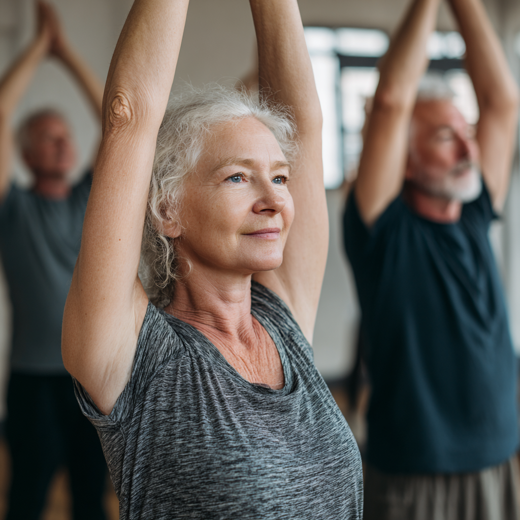 Experienced yoga instructor guiding older adults in gentle hatha practice