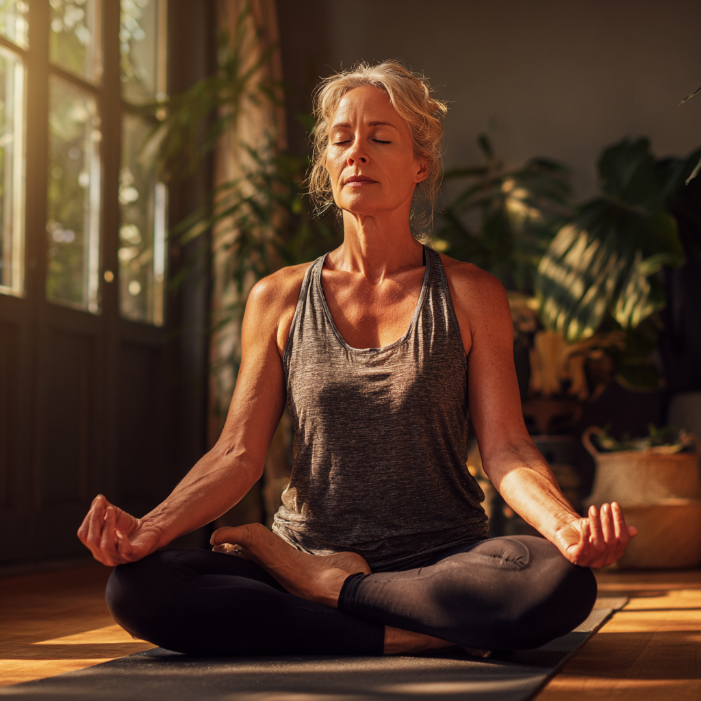 Middle-aged woman practicing yoga in serene studio environment